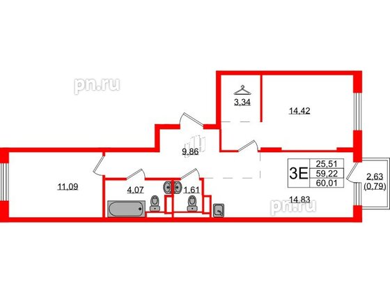 Квартира в ЖК Новые Лаврики, 2 комнатная, 60.01 м², 11 этаж