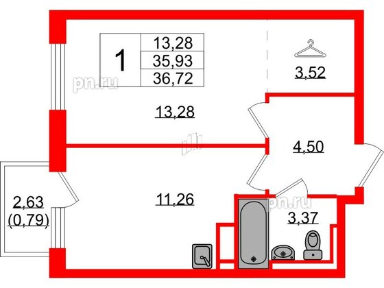 Квартира в ЖК Новые Лаврики, 1 комнатная, 36.72 м², 3 этаж