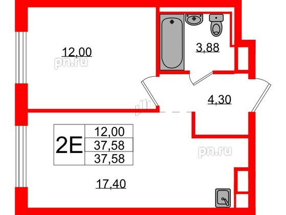 Квартира в ЖК Новые Лаврики, 1 комнатная, 37.58 м², 12 этаж