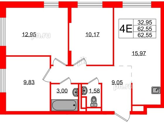 Квартира в ЖК Новые Лаврики, 3 комнатная, 62.55 м², 10 этаж