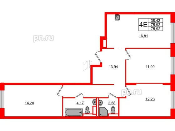 Квартира в ЖК Новые Лаврики, 3 комнатная, 75.92 м², 2 этаж