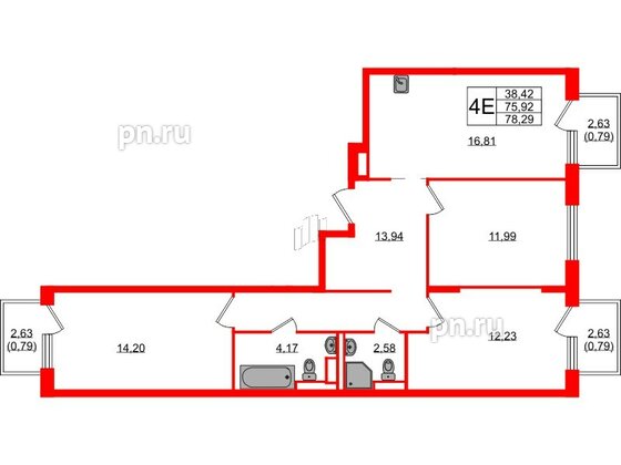 Квартира в ЖК Новые Лаврики, 3 комнатная, 78.29 м², 8 этаж