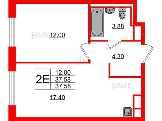 Квартира в ЖК Новые Лаврики, 1 комнатная, 37.58 м², 2 этаж