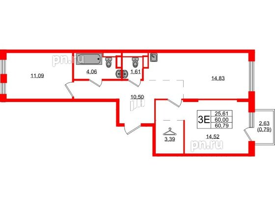 Квартира в ЖК Новые Лаврики, 2 комнатная, 60.79 м², 10 этаж