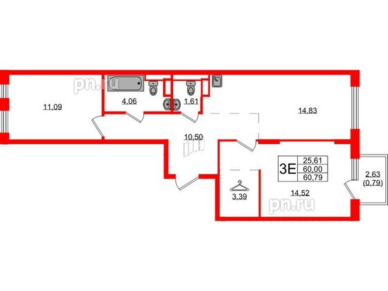 Квартира в ЖК Новые Лаврики, 2 комнатная, 60.79 м², 11 этаж