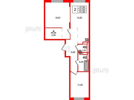 Квартира в ЖК Новые Лаврики, 2 комнатная, 61.86 м², 2 этаж