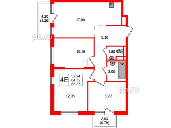Квартира в ЖК Новые Лаврики, 3 комнатная, 66.57 м², 10 этаж