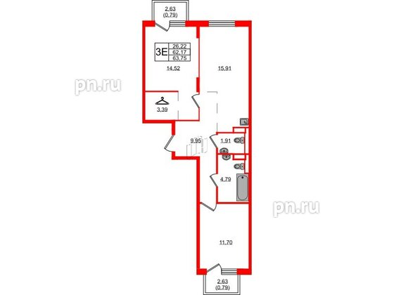 Квартира в ЖК Новые Лаврики, 2 комнатная, 63.75 м², 3 этаж