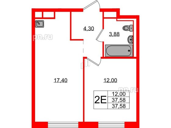 Квартира в ЖК Новые Лаврики, 1 комнатная, 37.58 м², 12 этаж