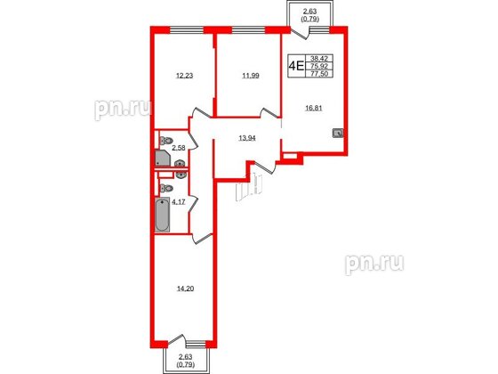 Квартира в ЖК Новые Лаврики, 3 комнатная, 77.5 м², 4 этаж