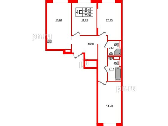 Квартира в ЖК Новые Лаврики, 3 комнатная, 75.92 м², 2 этаж