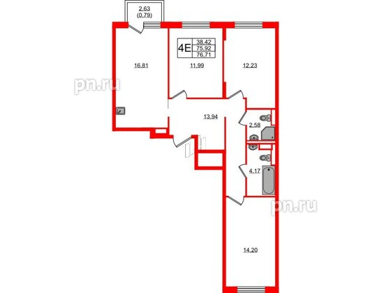 Квартира в ЖК Новые Лаврики, 3 комнатная, 76.71 м², 3 этаж