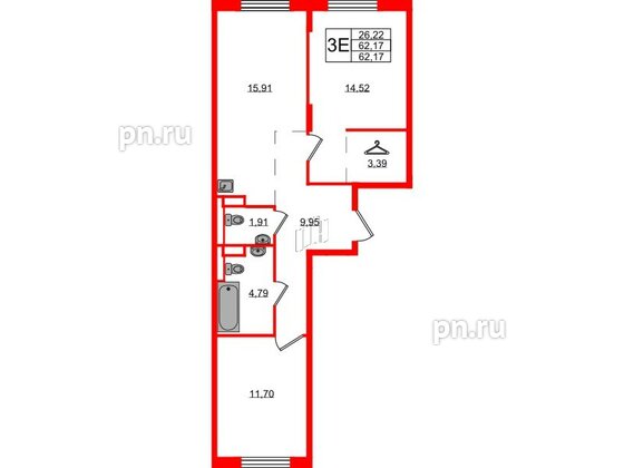 Квартира в ЖК Новые Лаврики, 2 комнатная, 62.17 м², 11 этаж