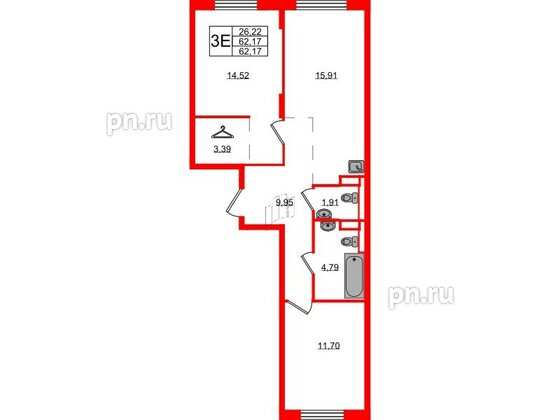 Квартира в ЖК Новые Лаврики, 2 комнатная, 62.17 м², 2 этаж