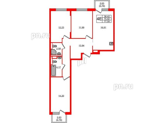 Квартира в ЖК Новые Лаврики, 3 комнатная, 77.5 м², 3 этаж