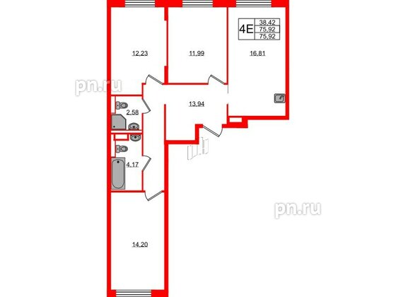 Квартира в ЖК Новые Лаврики, 3 комнатная, 75.92 м², 12 этаж