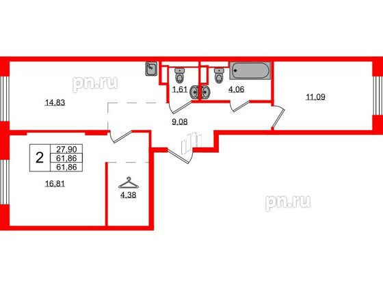 Квартира в ЖК Новые Лаврики, 2 комнатная, 61.86 м², 4 этаж