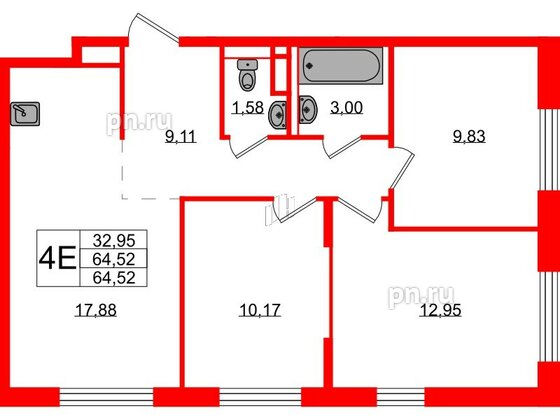 Квартира в ЖК Новые Лаврики, 3 комнатная, 64.52 м², 4 этаж