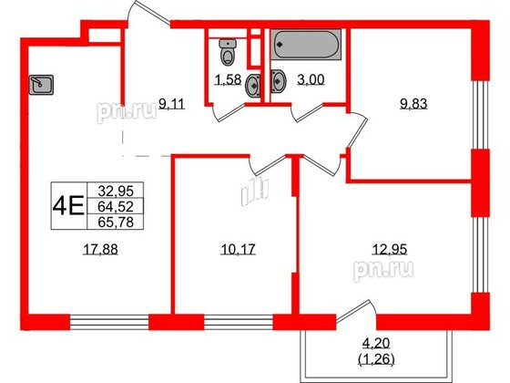 Квартира в ЖК Новые Лаврики, 3 комнатная, 65.78 м², 11 этаж