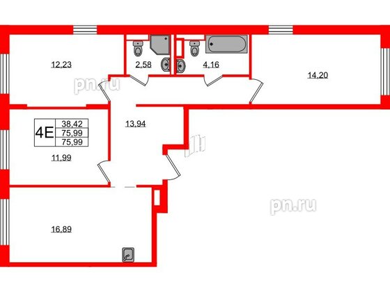 Квартира в ЖК Новые Лаврики, 3 комнатная, 75.99 м², 4 этаж