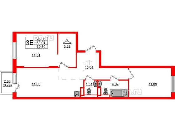 Квартира в ЖК Новые Лаврики, 2 комнатная, 60.8 м², 3 этаж