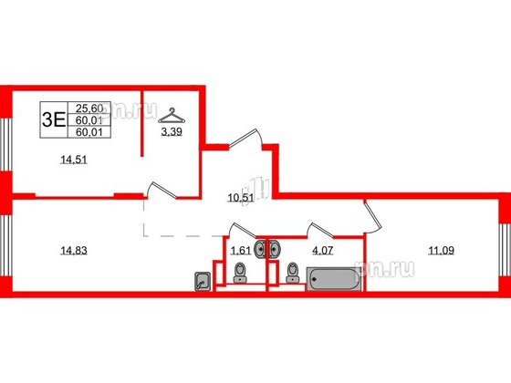 Квартира в ЖК Новые Лаврики, 2 комнатная, 60.01 м², 8 этаж