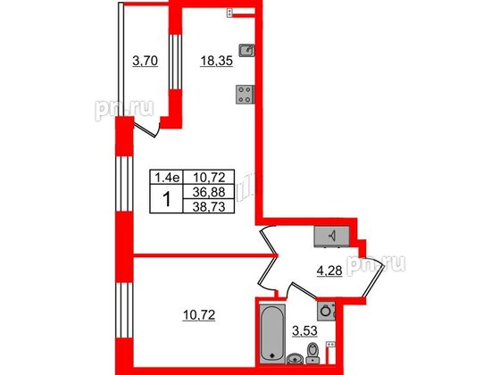 Квартира в ЖК «Парадный ансамбль», 1 комнатная, 36.88 м², 3 этаж