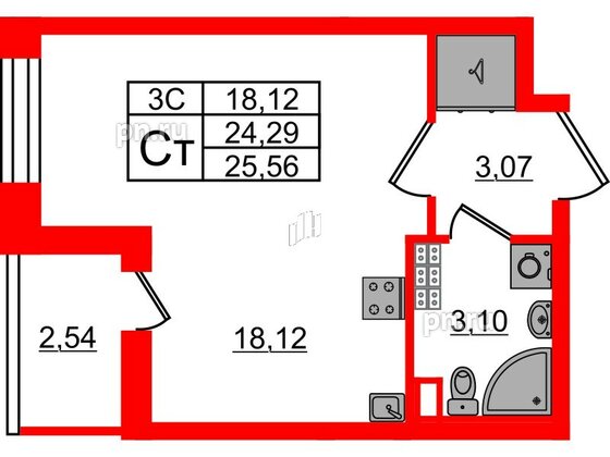 Квартира в ЖК «Парадный ансамбль», студия, 24.29 м², 5 этаж