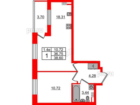 Квартира в ЖК «Парадный ансамбль», 1 комнатная, 36.75 м², 5 этаж