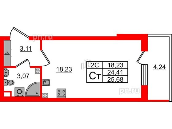 Квартира в ЖК «Парадный ансамбль», студия, 24.41 м², 4 этаж