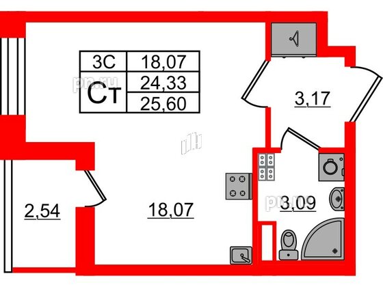 Квартира в ЖК «Парадный ансамбль», студия, 24.33 м², 4 этаж