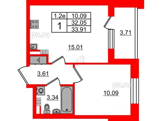 Квартира в ЖК «Парадный ансамбль», 1 комнатная, 32.05 м², 5 этаж