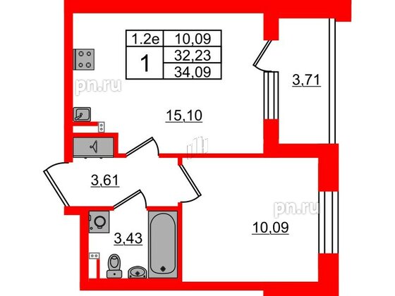 Квартира в ЖК «Парадный ансамбль», 1 комнатная, 32.23 м², 3 этаж