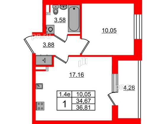 Квартира в ЖК «Парадный ансамбль», 1 комнатная, 34.67 м², 3 этаж