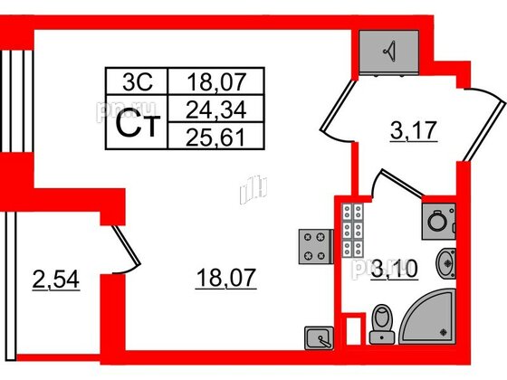 Квартира в ЖК «Парадный ансамбль», студия, 24.34 м², 5 этаж