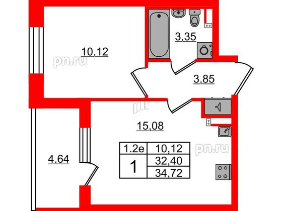 Квартира в ЖК «Парадный ансамбль», 1 комнатная, 32.4 м², 3 этаж