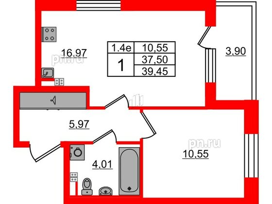 Квартира в ЖК «Парадный ансамбль», 1 комнатная, 37.5 м², 4 этаж