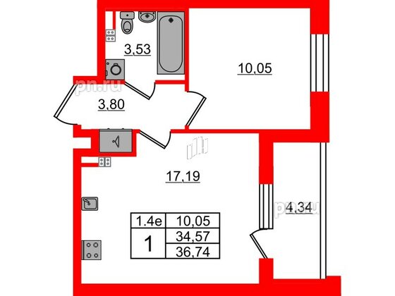 Квартира в ЖК «Парадный ансамбль», 1 комнатная, 34.57 м², 4 этаж