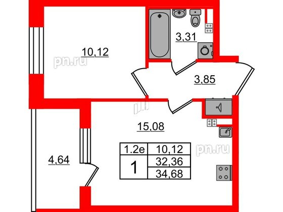 Квартира в ЖК «Парадный ансамбль», 1 комнатная, 32.36 м², 4 этаж