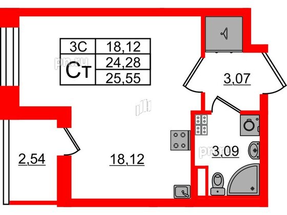 Квартира в ЖК «Парадный ансамбль», студия, 24.28 м², 4 этаж