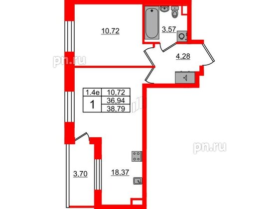 Квартира в ЖК «Парадный ансамбль», 1 комнатная, 36.94 м², 2 этаж