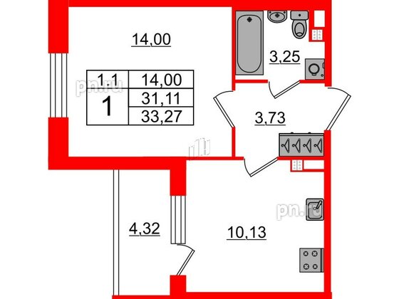 Квартира в ЖК «Парадный ансамбль», 1 комнатная, 31.11 м², 3 этаж