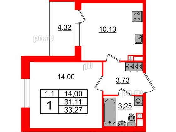 Квартира в ЖК «Парадный ансамбль», 1 комнатная, 31.11 м², 3 этаж