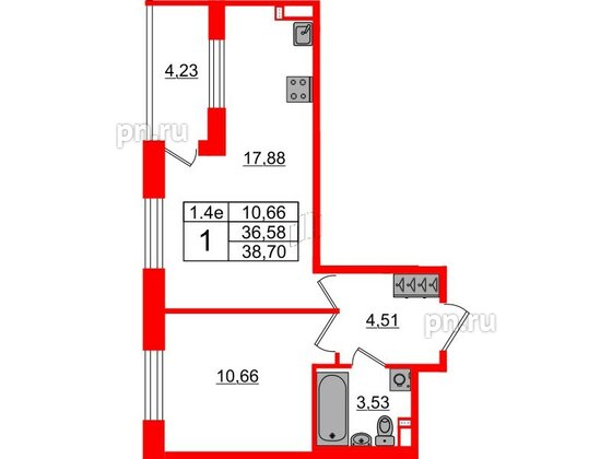 Квартира в ЖК «Парадный ансамбль», 1 комнатная, 36.58 м², 3 этаж