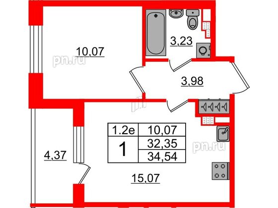 Квартира в ЖК «Парадный ансамбль», 1 комнатная, 32.35 м², 4 этаж