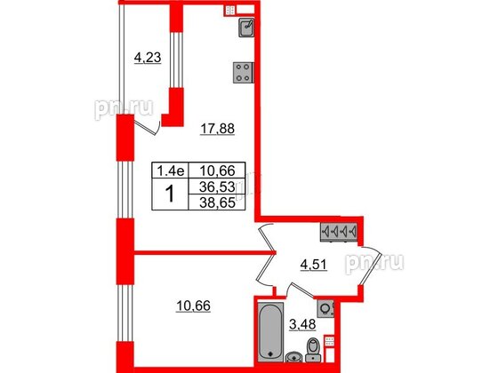 Квартира в ЖК «Парадный ансамбль», 1 комнатная, 36.53 м², 4 этаж