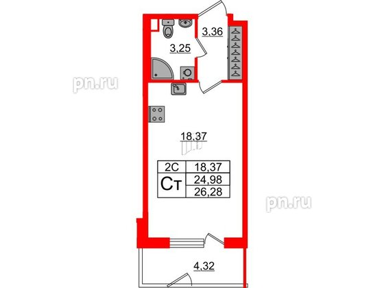Квартира в ЖК «Парадный ансамбль», студия, 24.98 м², 1 этаж