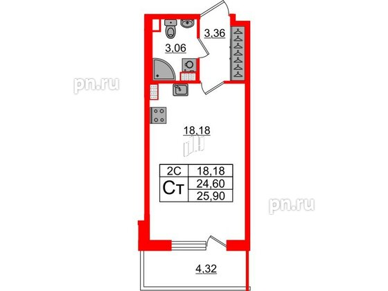 Квартира в ЖК «Парадный ансамбль», студия, 24.6 м², 5 этаж