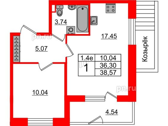 Квартира в ЖК «Парадный ансамбль», 1 комнатная, 36.3 м², 1 этаж