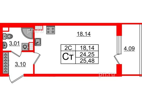 Квартира в ЖК «Парадный ансамбль», студия, 24.25 м², 5 этаж